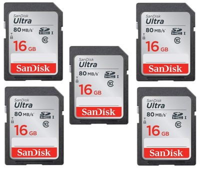 (5 Pack) SanDisk 16GB Ultra SDHC 80MB/s Class 10 SD Camera Card SDSDUNC-016G