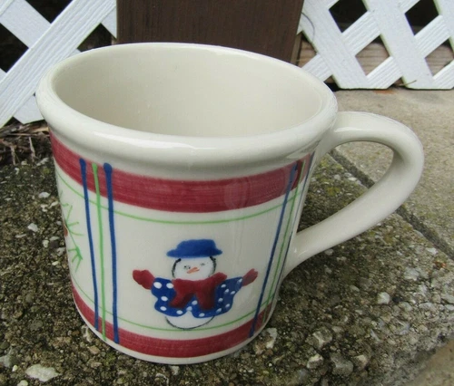 HARTSTONE POTTERY COFFEE MUG STONEWARE snowman pinecones red plaid border