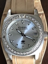 Vintage Fossil Blue Silver Tone 25mm Watch AM3811 Leather Strap Works