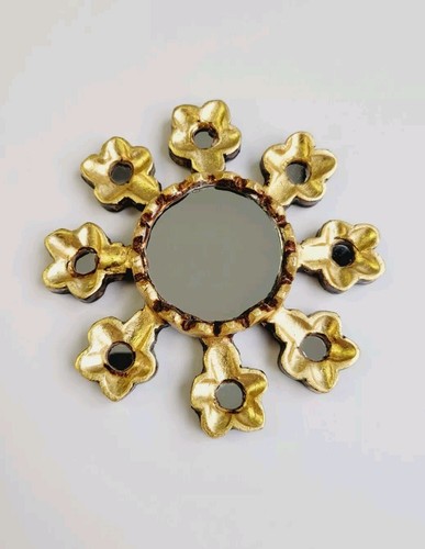 Peruvian Golden Mirror 6" flowers Wall Decor Hand-Carved Wood Mirror