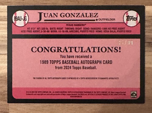 Juan Gonzalez 2024 Topps Update 1989 Auto Black #/99- Rangers - Picture 2 of 2