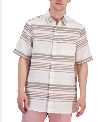 Club Room Mens Elevated Central Stripe Linen Button Down Shirt Khaki Combo L