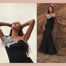 NWT MAC DUGGAL 4 11810 Crepe One Shoulder Gown With Flower Black J1655