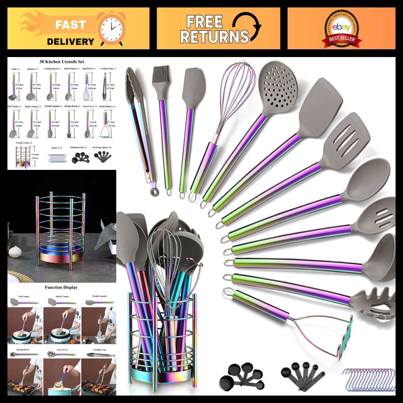 38-Piece Silicone Cooking Utensils Set - Non-Stick Kitchen Tools, Dishwasher Saf