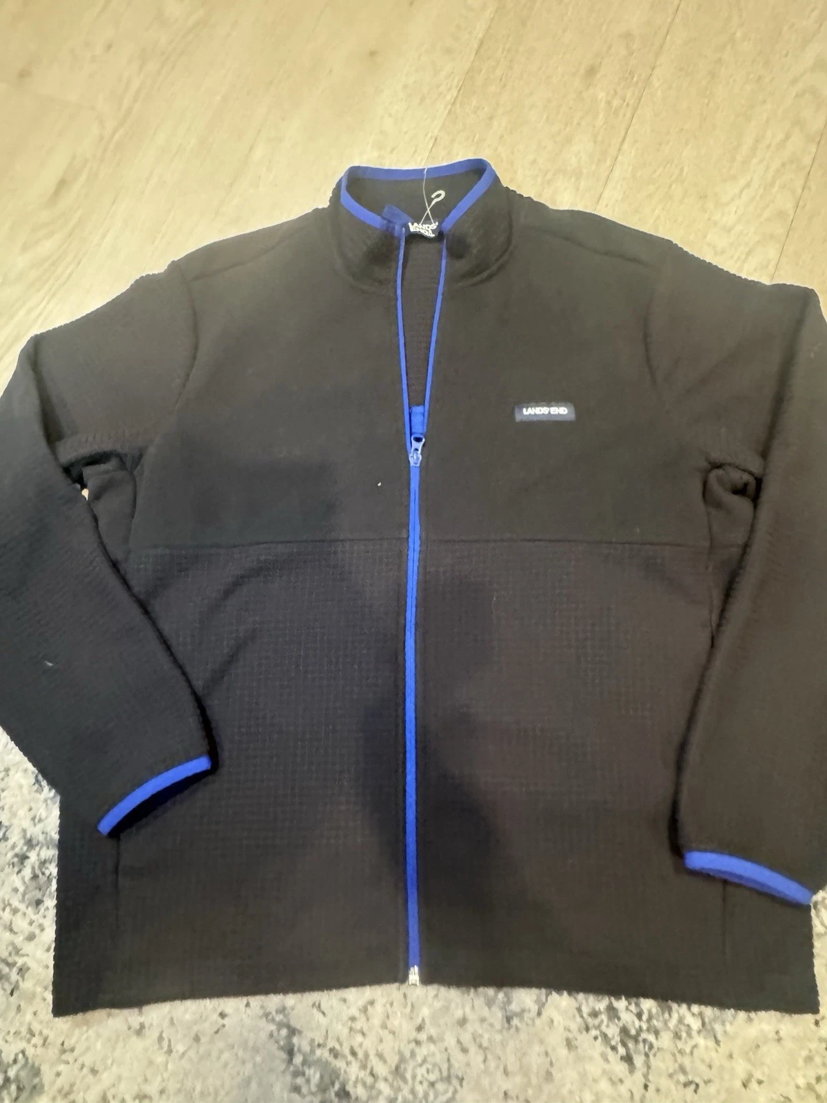 Lands’ End Men's L 42-44 Full Zip grid pattern Fleece Jacket Coat Pockets Black