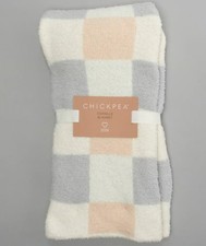 NWT Chick Pea White Cream Grey Tan Checkered Squares Chenille Plush Baby Blanket