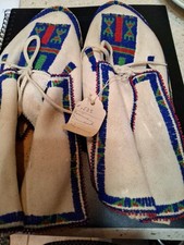 Vtg Cheyenne Beaded Blue, Red Green Moccasins 10 inch Rawhide sole Named