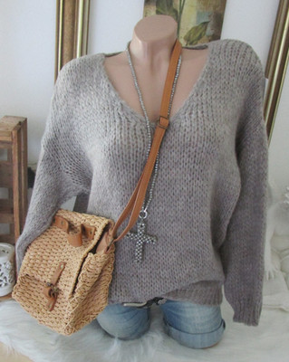 Neu Italy Warme Kuschel Strick Pullover Grob Pulli Taupe Einheitsgrösse 36 38