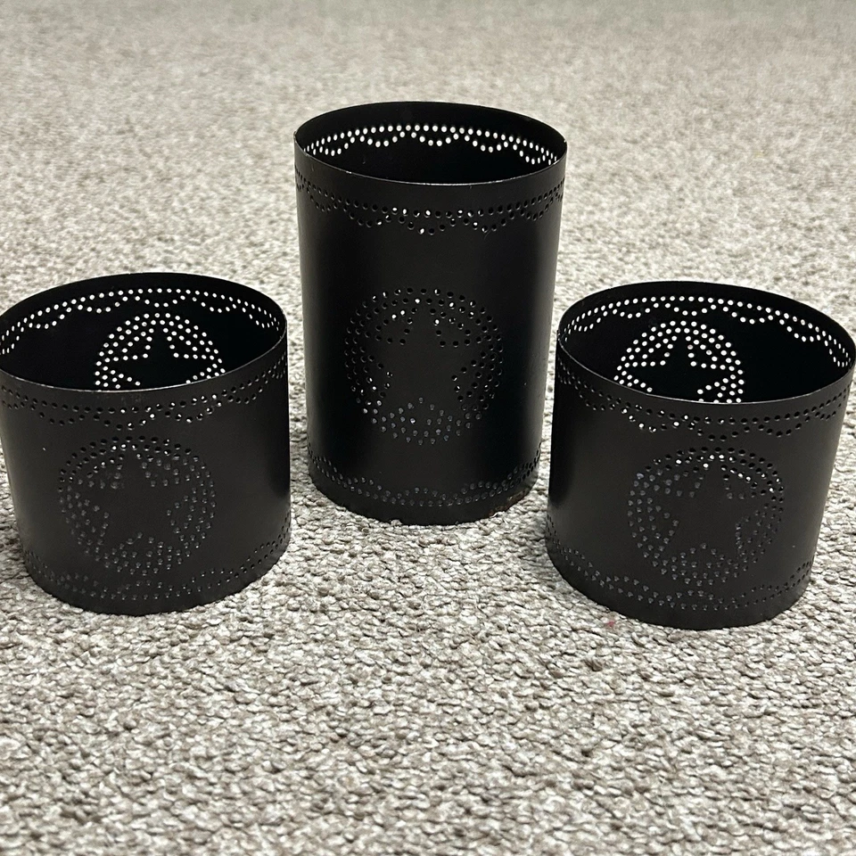 Punched Hole Star Pattern Tin Metal Rustic Candle Holders One Large Two Small - Image 2 of 4