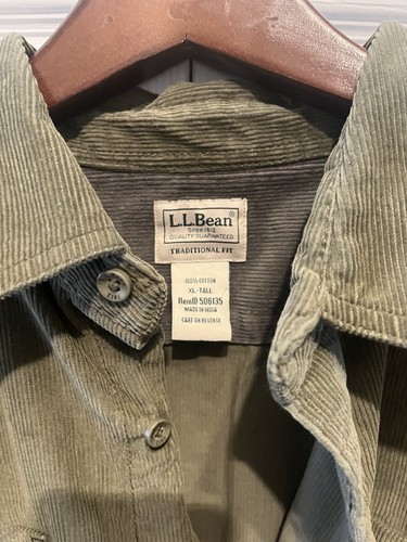 LL Bean Mens Corduroy Shirt Size XL Tall Olive Army Green Pockets Shacket - Picture 2 of 3