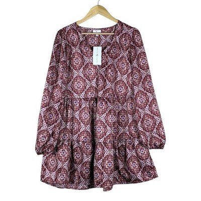 NWT True Craft Tiered Medallion Print Babydoll Dress Burgundy Boho Size M