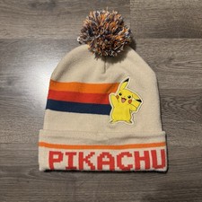 Pokemon Pikachu Beanie Hat One Size Beige Knit Embroidered Anime Pom Pom Soft