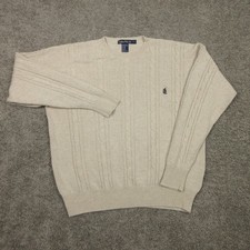 Vintage Nautica Sweater Mens Large Beige Cable Knit Blue Sailboat Logo Crew Neck