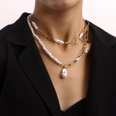 Lagenlook Perle Gold Kette Halskette Damen Barock Anhänger Choker