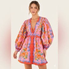 NWT Farm Rio Sicily Flowers Orange Mini Dress Button Front Long Sleeve – Size S