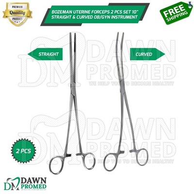 Bozeman Uterine Forceps 2 Pcs Set 10'' Straight & Curved OB/GYN Inst German Grade