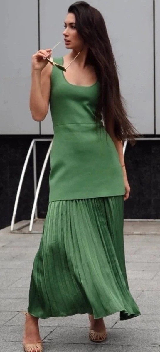 NWT_ZARA WOMAN SS25 LONG PLEATED KNIT COMBINATION DRESS GREEN 4192/055/500  S,M,L | eBay