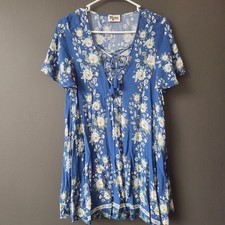 Show Me Your Mumu Blue Floral Daisy Lace Up Tassel Mini Dress Medium Boho Summer
