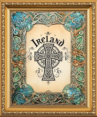 IRISCHES KELTENKREUZ IRLAND KELTISCHER KNOTEN DESIGN - GERAHMTES BILD ODER A4 DRUCK 904-G