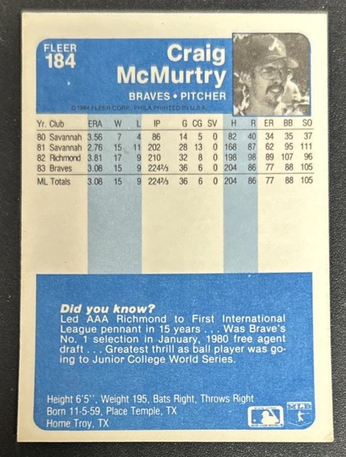1984 Fleer Craig McMurtry Baseball Rookie Card RC #184 Braves Pitcher GD/VG O/C - Image 2 of 2