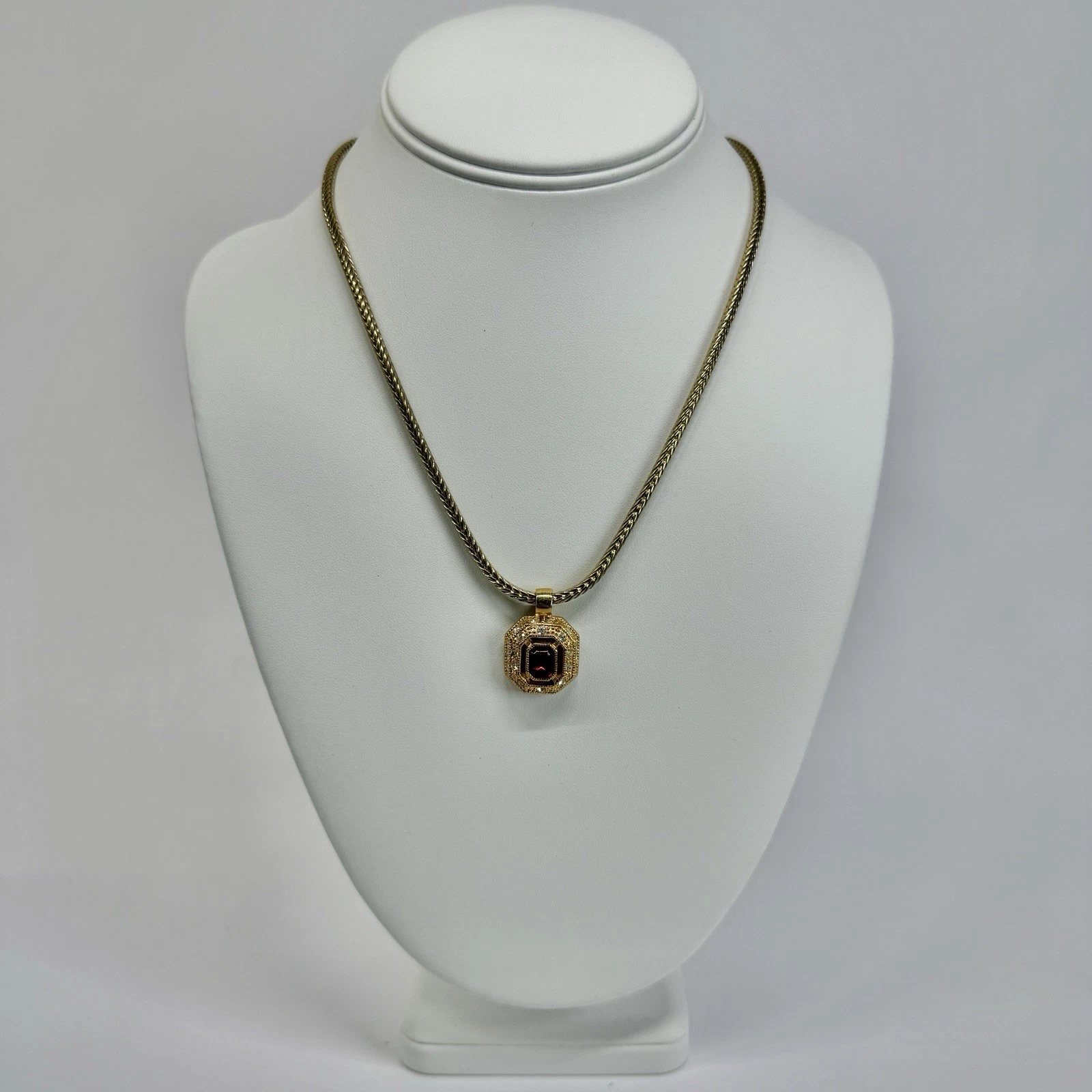 ROMAN Red Stone Amulet Crystals Gold Tone Vintage Necklace Jewelry N362