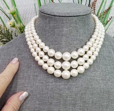 Vtg Mid Century Graduated In Size Faux Pearl Multi Strand Choker Necklace