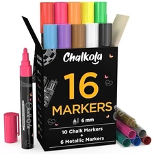 Chalkola Liquid Chalk Markers Pack of 16, 6mm Reversible Tip Washable Chalk Pens