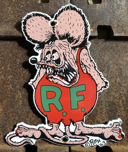 VINTAGE 1963 DATED RAT FINK 8” PORCELAIN SIGN ED ROTH GAS OIL DIE CUT