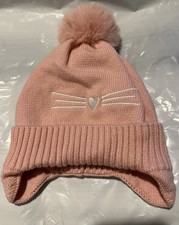 Pink Knit Beanie w/ Heart Cat Whiskers Pom Girls Teen Winter Hat w/ Ear Flaps