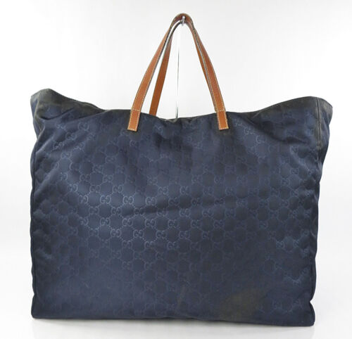 Auth GUCCI Navy GG Nylon and Leather Tote Bag Purse #60705 - Picture 3 of 16