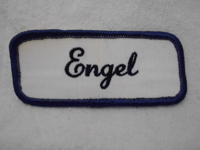 ENGEL USED EMBROIDERED  SEW ON NAME PATCH TAG DARK BLUE W BLACK ON WHITE