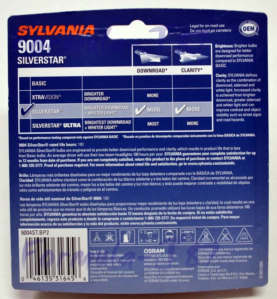 Sylvania Silverstar 9004 HB1 65/45W Dos Bombillas Cabeza Luz Repuesto Actualización OE Foto 3 de 4