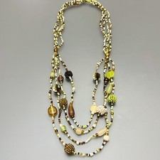 Multi Strand Beaded Necklace Fused Glass Sea Glass Green Brown Boho Artisan Made