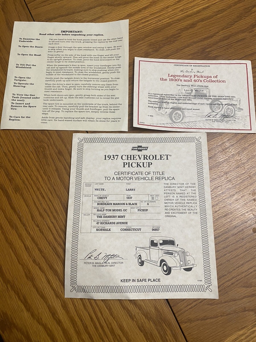 Franklin Mint Certificate of Title 1937 Chevrolet Pickup Paperwork