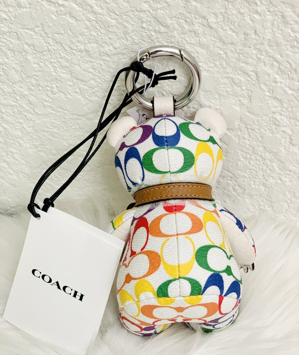 NWT Coach Bear Bag Charm In Rainbow Signature Canvas CJ953