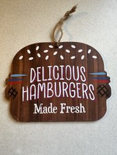 NEW Hamburger Shaped Hanging Sign Delicious Hamburgers Made Fresh 7" X 5"