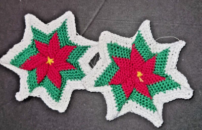Vintage Crochet Christmas Ornaments Poinsettia Set Of 2 Granny Core Retro