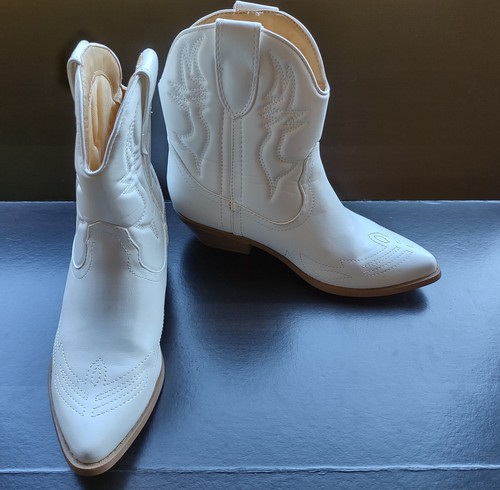 Womens White Cowgirl Cowboy Boots Mid Calf Block Heel Western Shoes Sz 7.5 - Picture 9 of 10