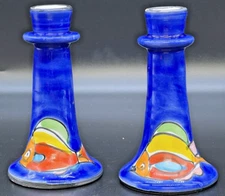 Vintage Italian Hand Painted Candle Holders Pair Possibly La Musa 6"
