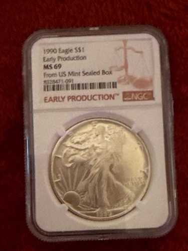 1990 $1 SILVER EAGLE NGC MS69 EARLY PRODUCTION FROM US MINT SEALED BOX LABEL