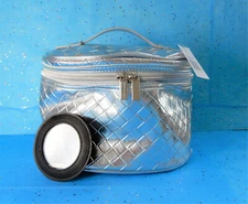 Bloomingdale's Makeup Bag Train Case / Silver Faux Leather Cosmetic Travel Pouch