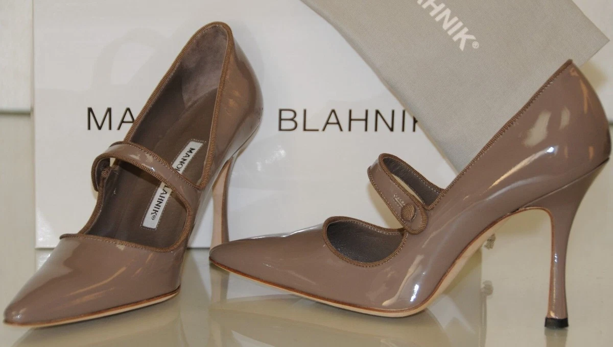$875 NEW MANOLO BLAHNIK Campari Mary Jane Gray Beige Patent