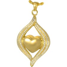 Heart Ribbon Ash Holder Cremation Urn Pendant Necklace CZ Gold Plated Silver