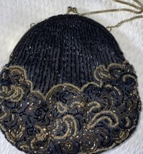 La Regale Beaded Evening Bag Purse Cocktail Metal Chain Strap Black Gold
