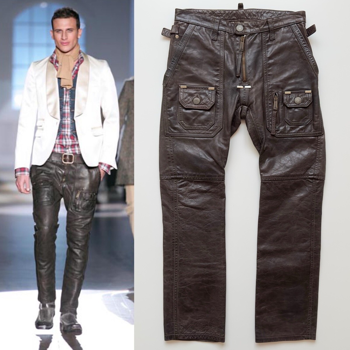 F/W 2005 Dsquared² Leather Biker Pants Brown Cowhide Size 44