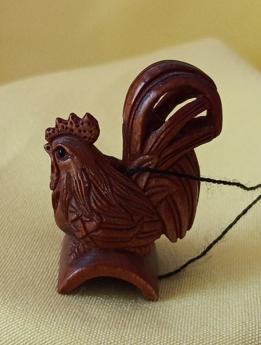 Rise & Shine Carved Boxwood Rooster Ojime/Netsuke Bead | 31x20x16mm | Brown