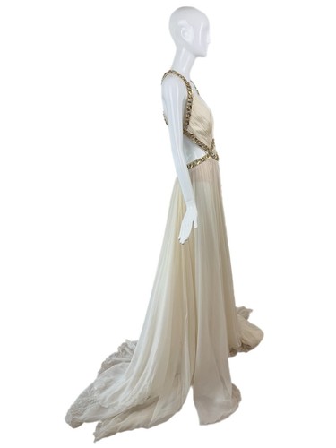 Maxi Vestido ROBERTO CAVALLI 2009 Vintage Pasarela Marfil Cadena Adornado Seda - Imagen 3 de 13