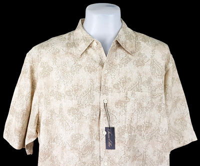 TASSO ELBA Herren Seide/Leinen Beige S/S LUXUS HAWAII HEMD - XL - 52'' - UVP 65£