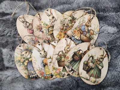 Easter Ornaments Bunny Rabbits Wooden Egg Floral Retro Spring Decor Set of 12