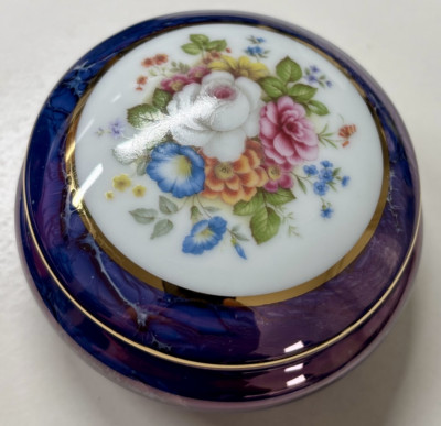 Limoges Cobalt Blue Rose Trinket Box porcelain with golden ring border France